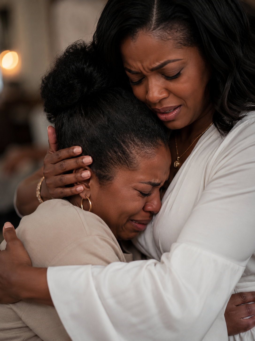 Three women embracing in a warm moment of sisterhood and support