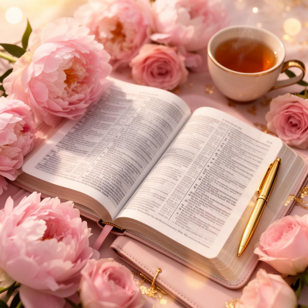 Watercolor open Bible surrounded by blush roses, eucalyptus and butterflies